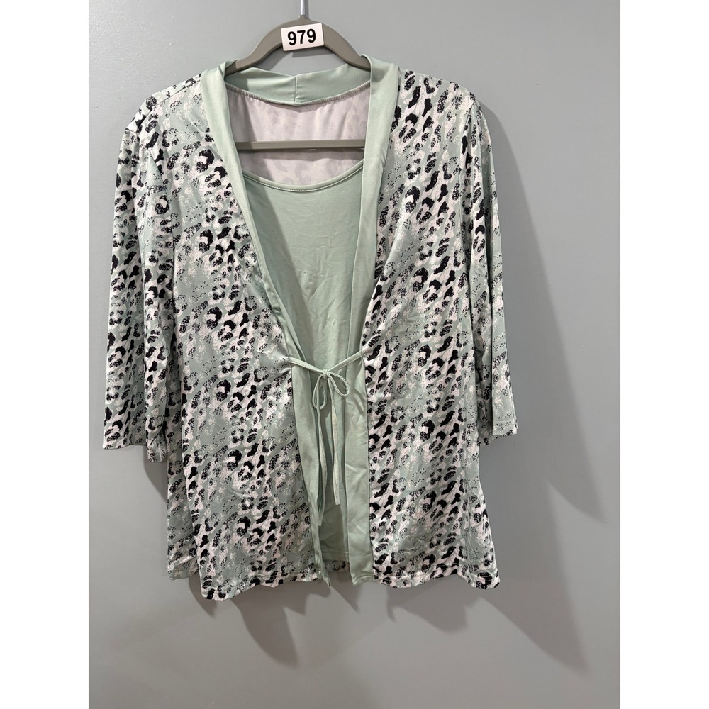 Womens Sage Green Leopard Print Tie Front Layered Look PJ TOP
